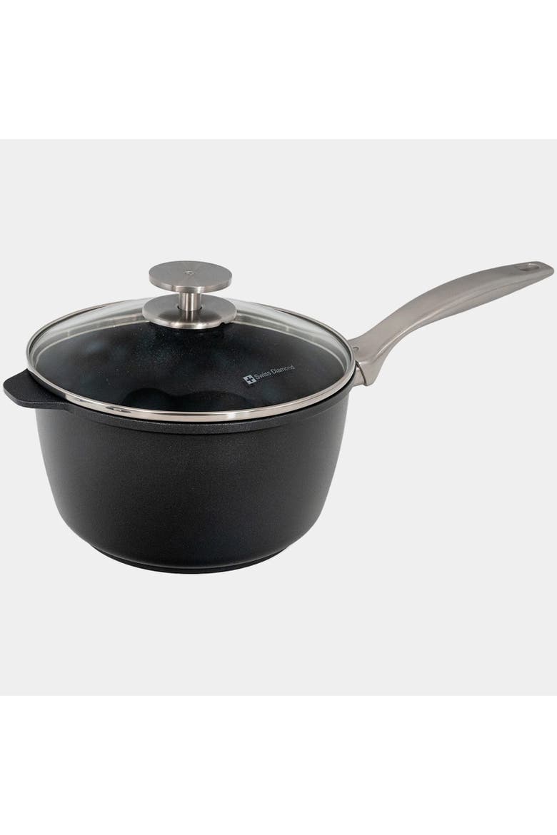 CHD Nonstick Saucepan with Glass Lid, 3.2 qt, Main, color, Black