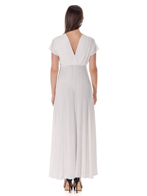 24seven Comfort Apparel Womens Flutter Sleeve Metallic Knit Maxi Dress Front Slit Empire Waist In White