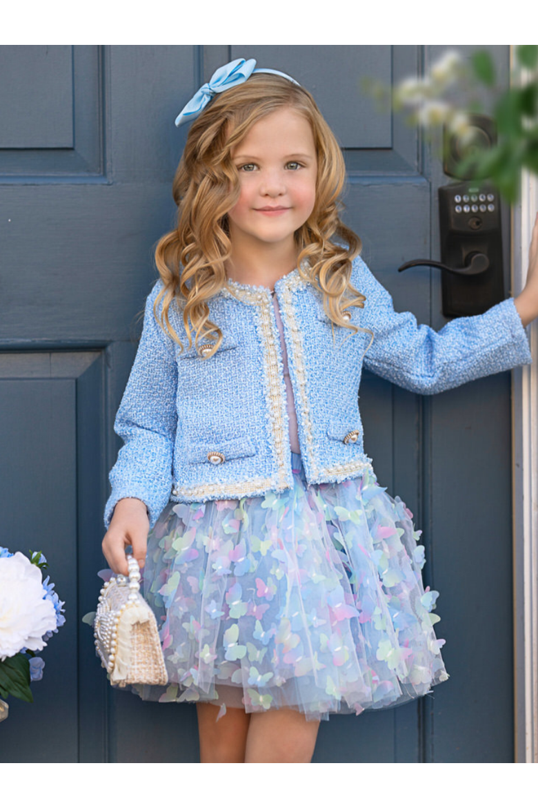 Girls  Sparkle Tweed Jacket & Butterfly Tutu Skirt Set, Alternate, color, Blue