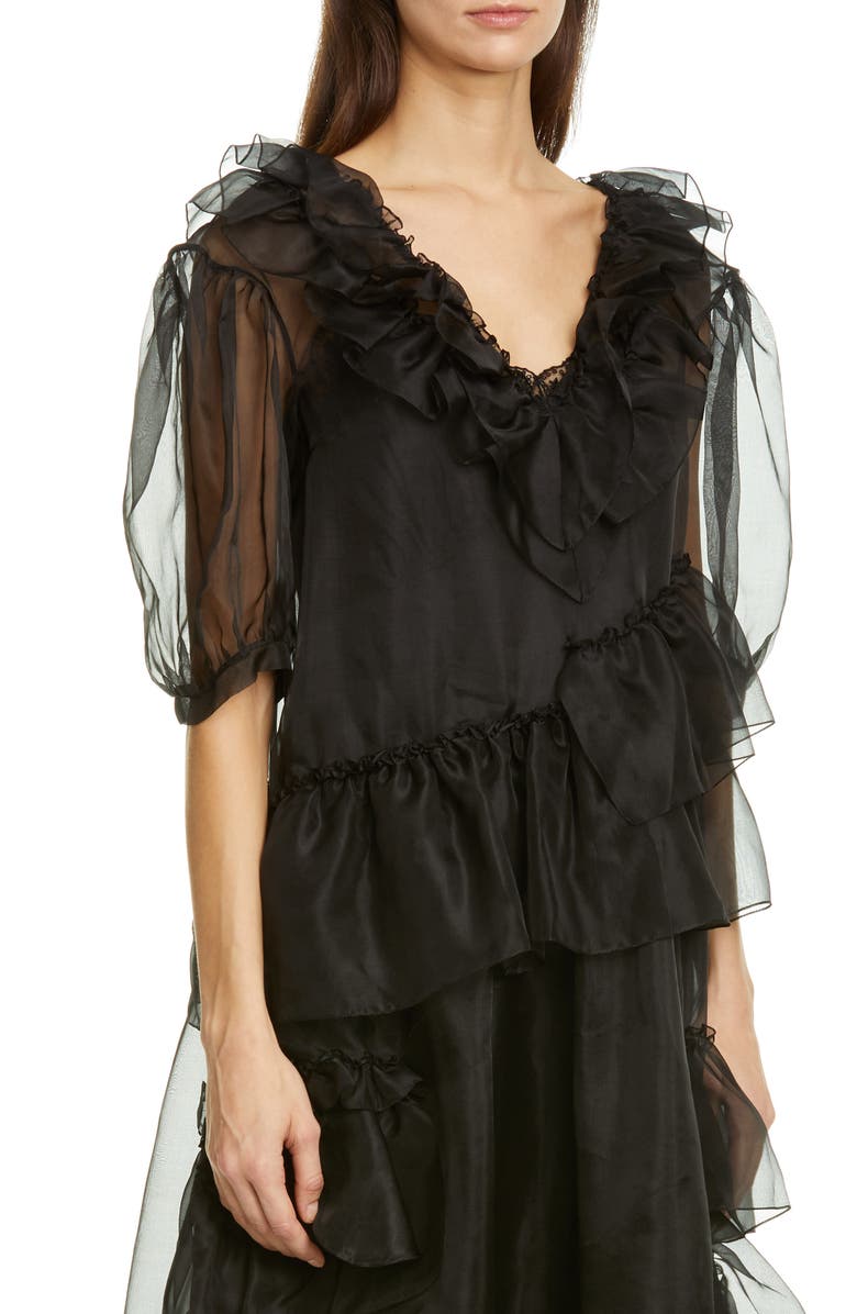 Simone Rocha Asymmetrical Ruffle Silk Organza Midi Dress, Alternate, color, 