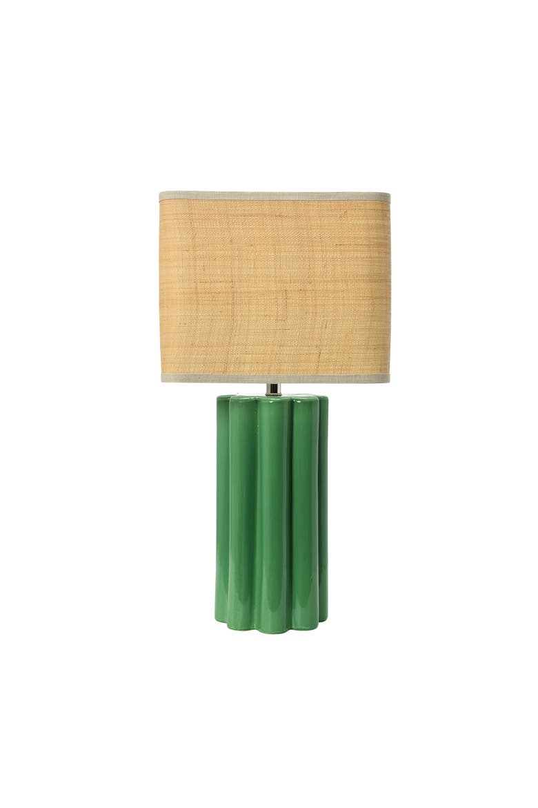 Stoneware Table Lamp with Fluted Base and Raffia Shade, Green, Main, color, Green