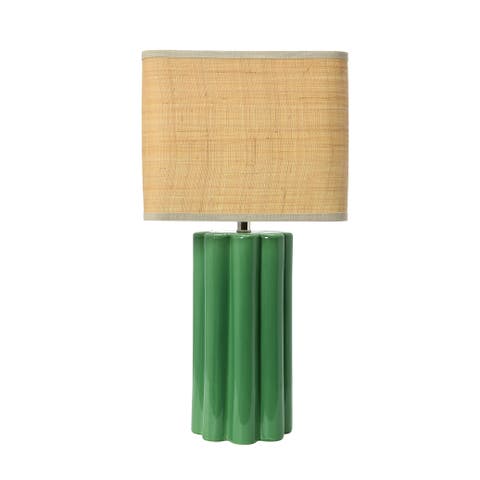 Stoneware Table Lamp with Fluted Base and Raffia Shade, Green