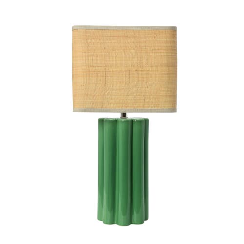 Storied Home Stoneware Table Lamp With Fluted Base And Raffia Shade, Green