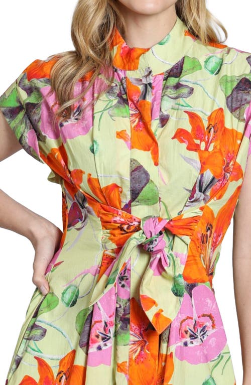 Apny Floral Print Belted A-line Dress In Bright Green Multi