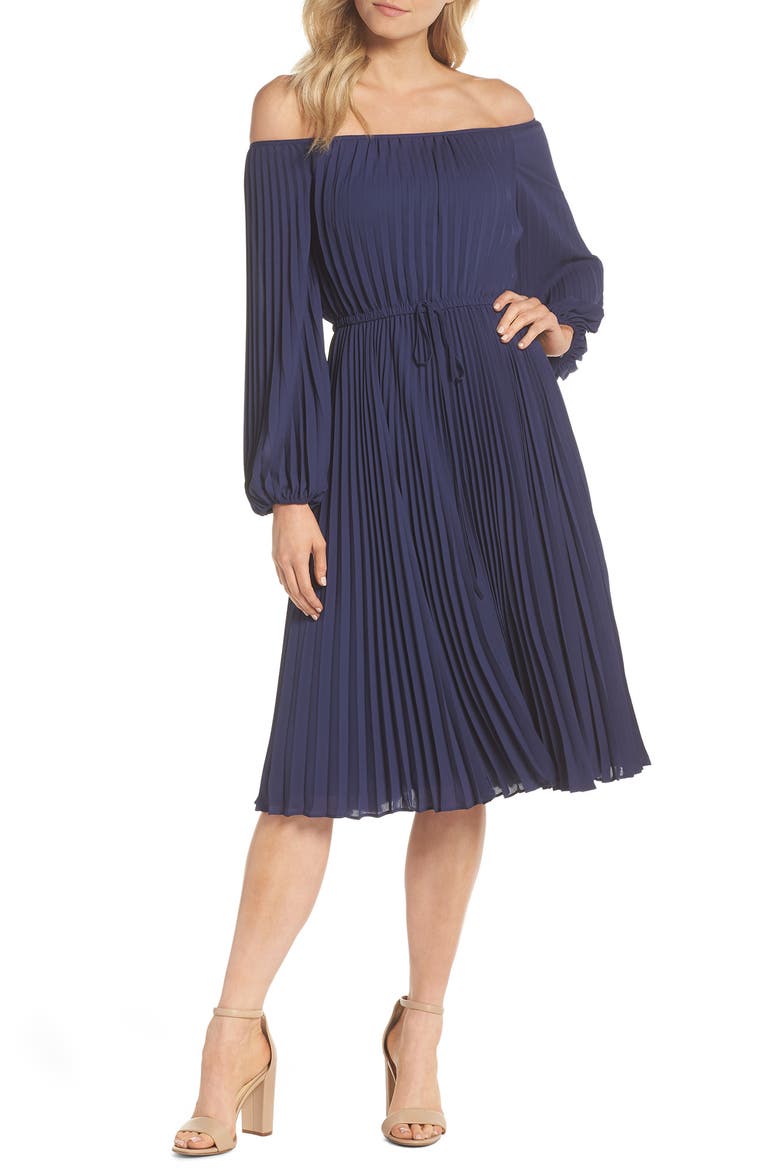 Elise Off the Shoulder Pleated Georgette Dress, Main, color, NAVY W/ SELF PIPING
