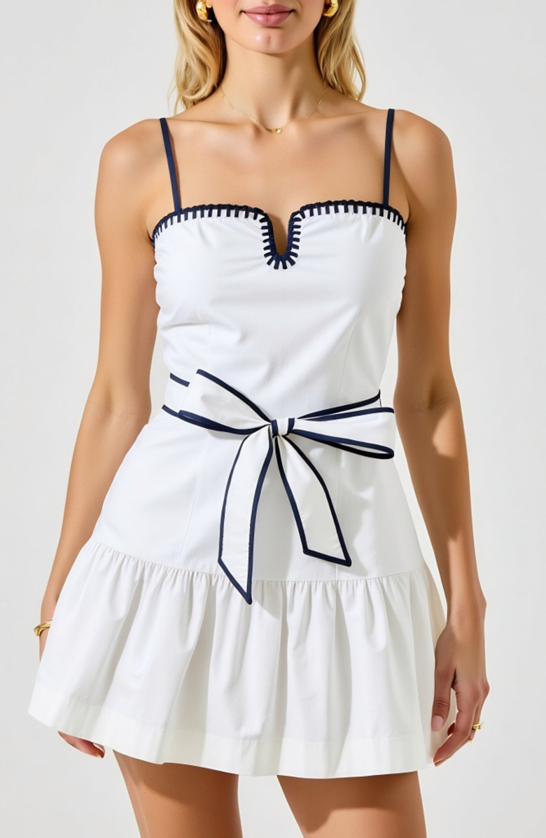 Modenaire Contrast-Trim Spaghetti Strap Waist-Tie Bow Mini Dress, Alternate, color, White / Navy Blue