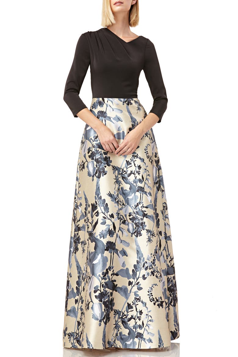 Drape Neck Evening Dress, Main, color, BLACK/ WHITE MULTI