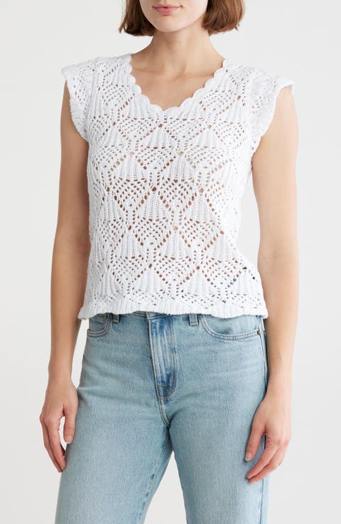 Open Stitch Scalloped Cap Sleeve Top