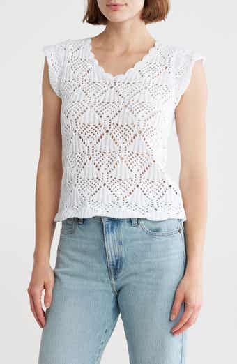 CHELSEA AND THEODORE Open Stitch Scalloped Cap Sleeve Top