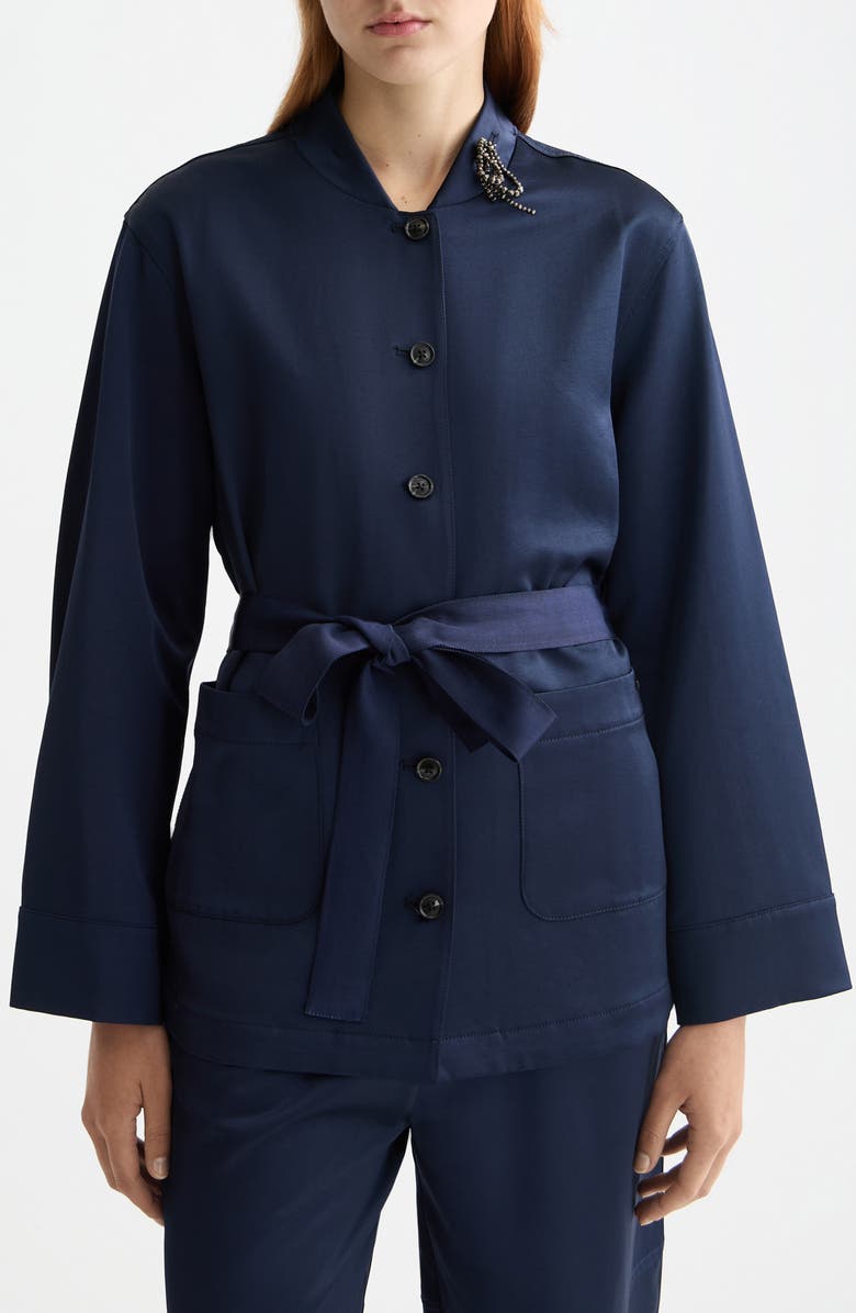 Scotch & Soda Tie Waist Satin Blazer, Main, color, Peacoat