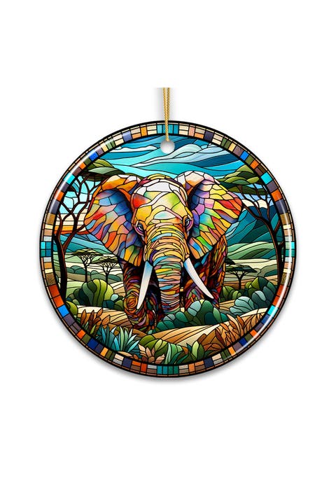 Majestic Elephant Stained Glass Style Ceramic Ornament