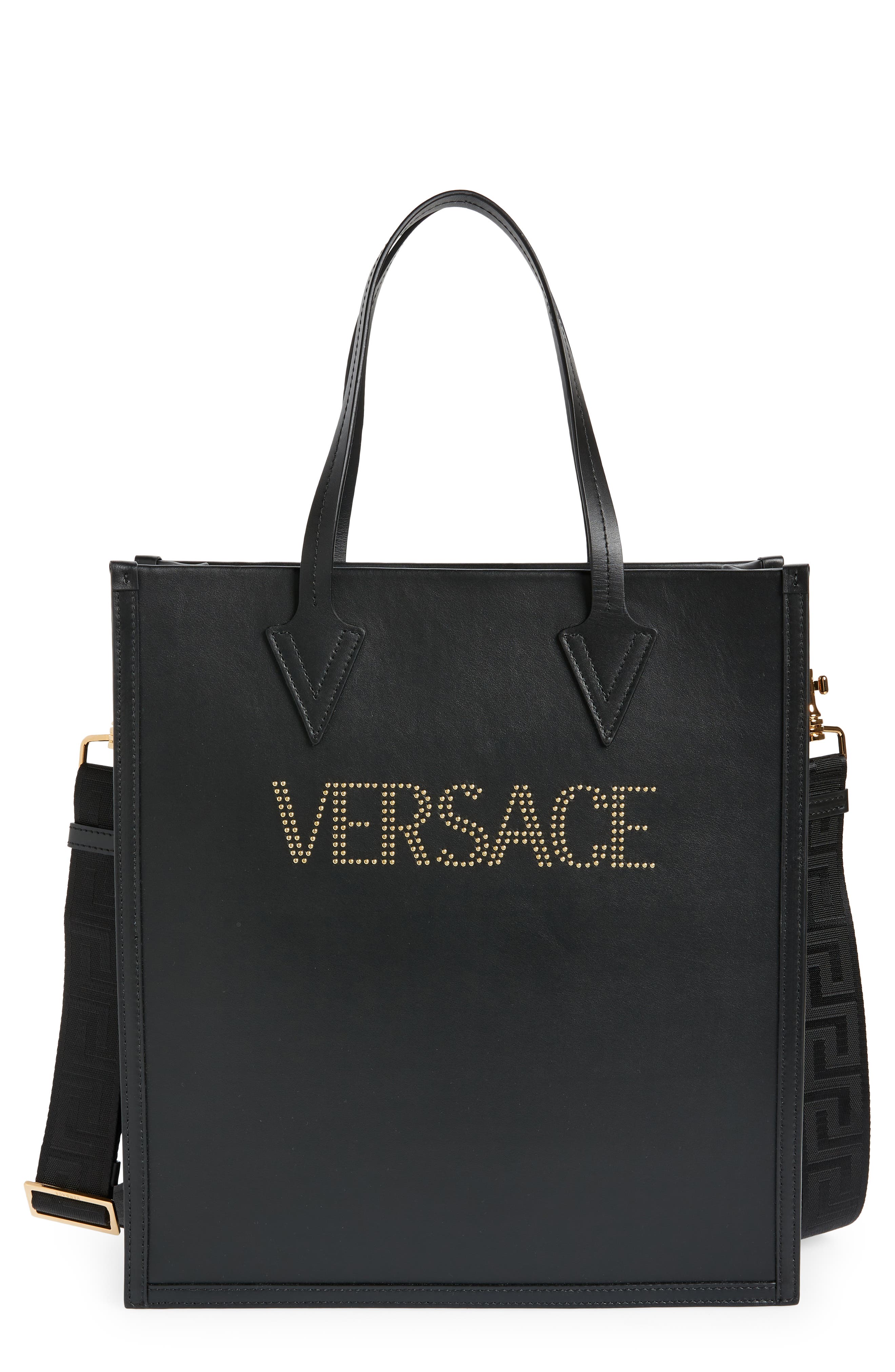 Versace Stud Logo Leather Tote, Main, color, 