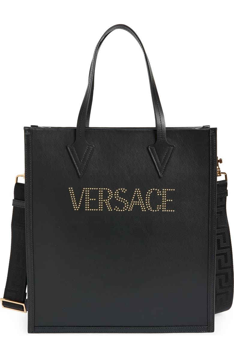 Versace Stud Logo Leather Tote, Main, color,