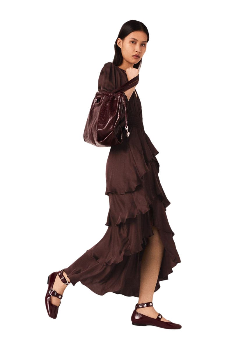 maje Flowy ruffled maxi dress, Alternate, color, Brown