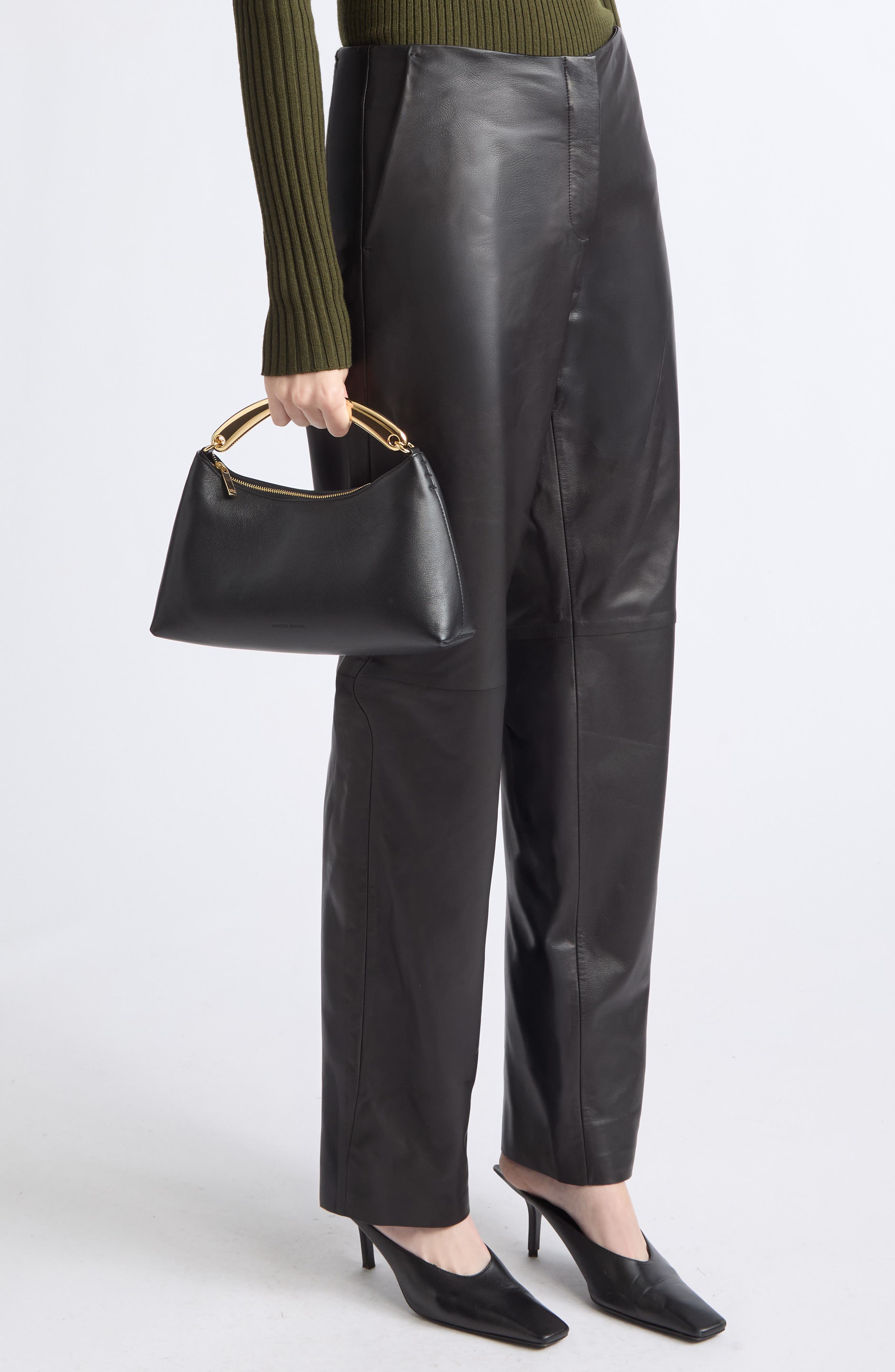 Rhea Metal Handle Leather Handbag, Alternate, color, BLACK