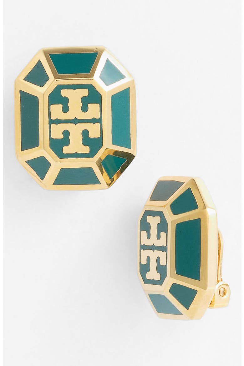 'Rylan' Logo Clip Earrings, Main, color, MALACHITE/ GOLD