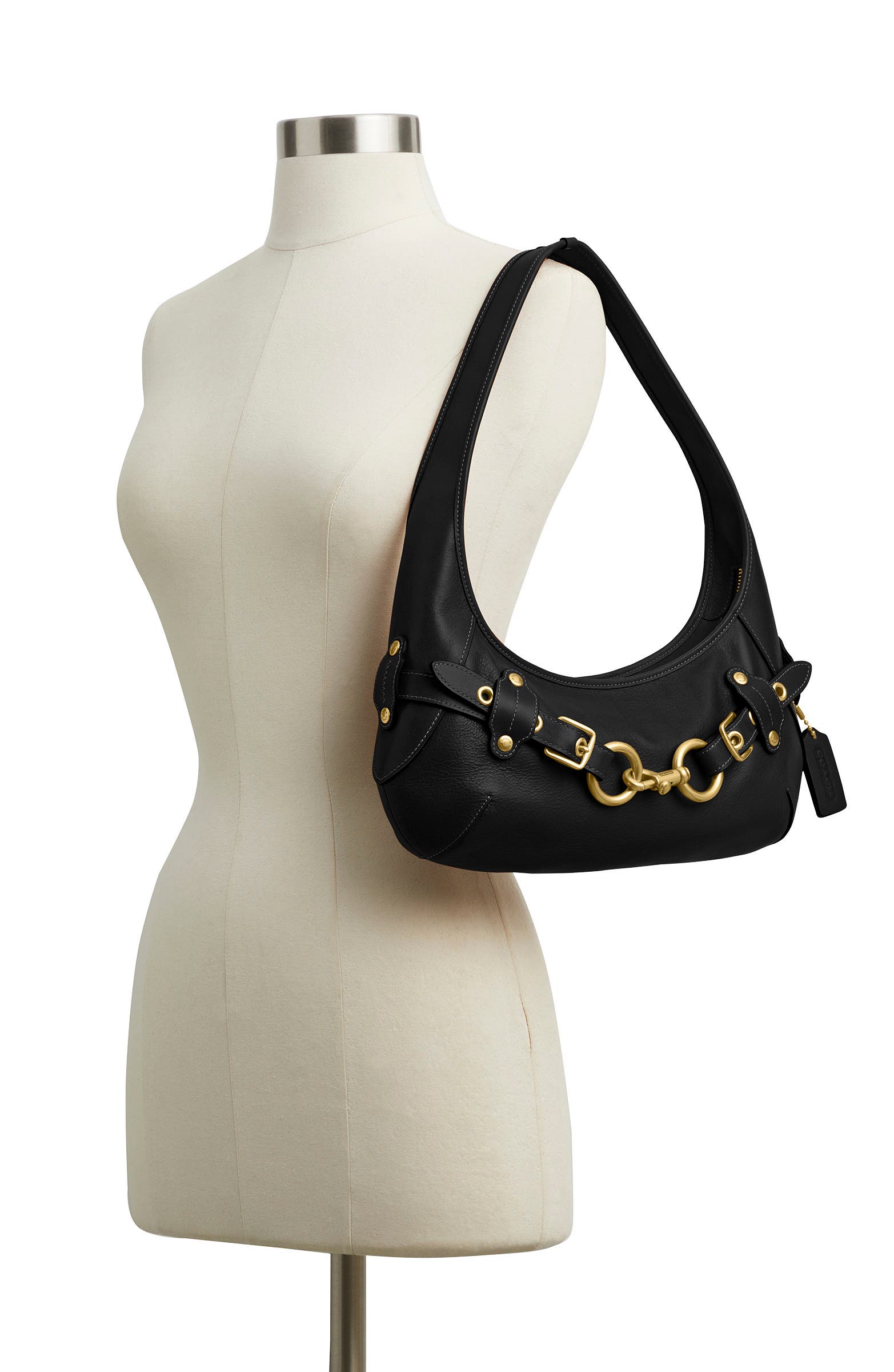 Belted Ergo Leather Shoulder Bag, Alternate, color, BLACK