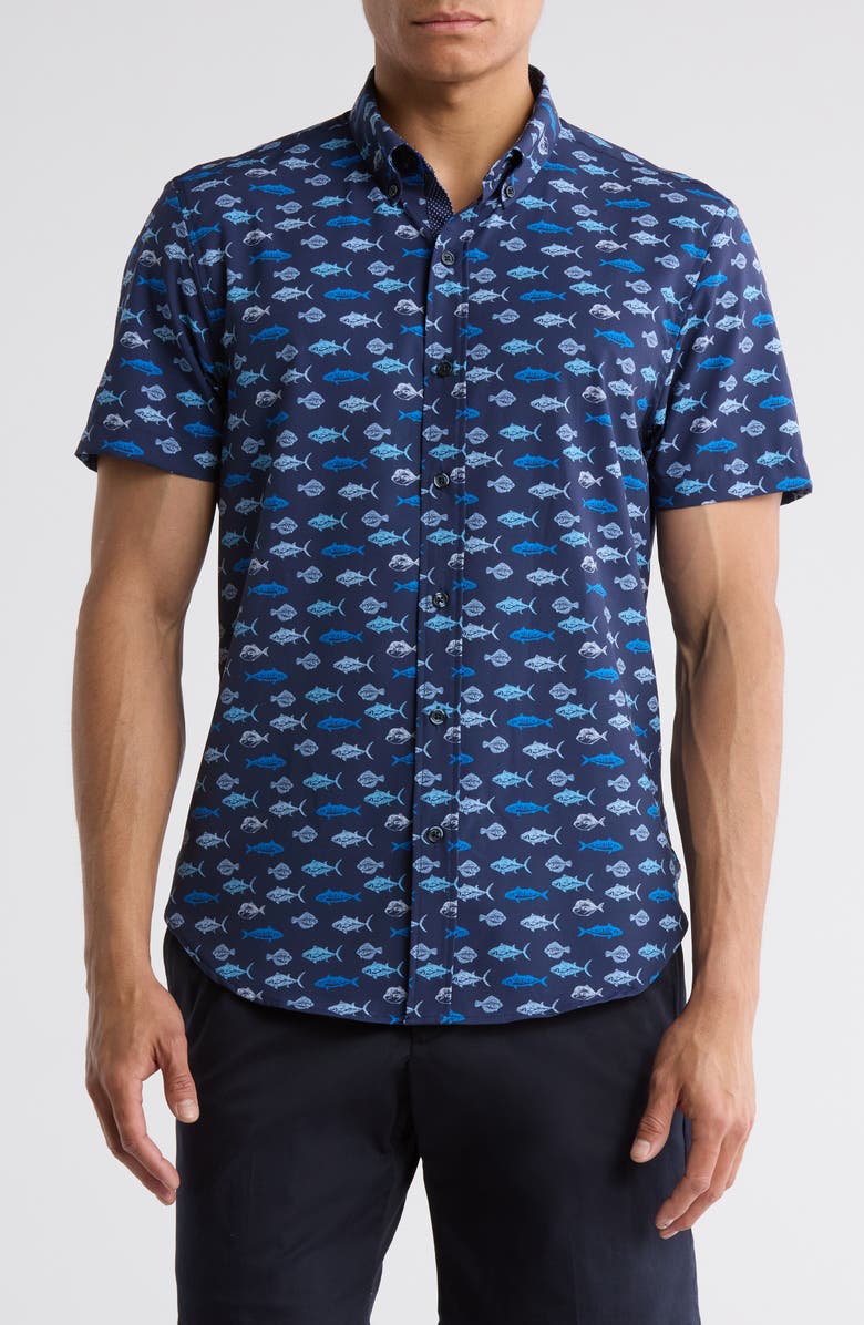CONSTRUCT Fish Short Sleeve Button-Up Shirt, Main, color, Navy