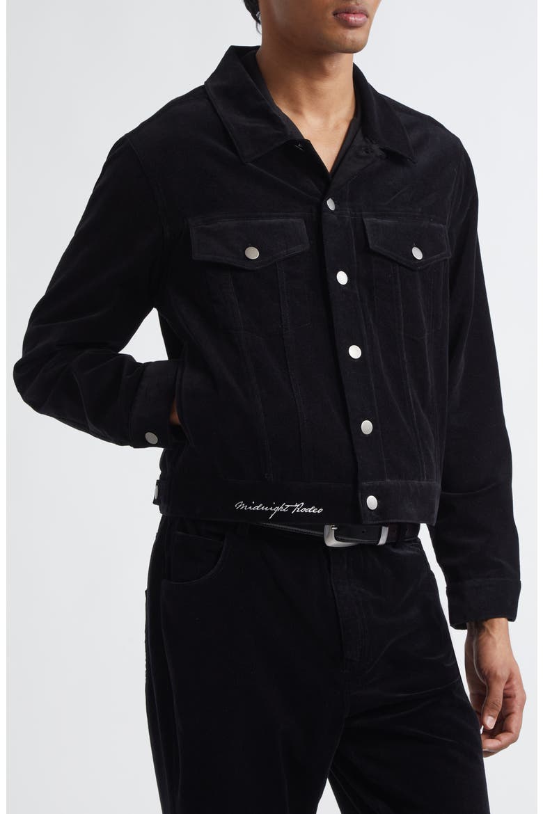 Embroidered Velvet Trucker Jacket, Alternate, color, BLACK