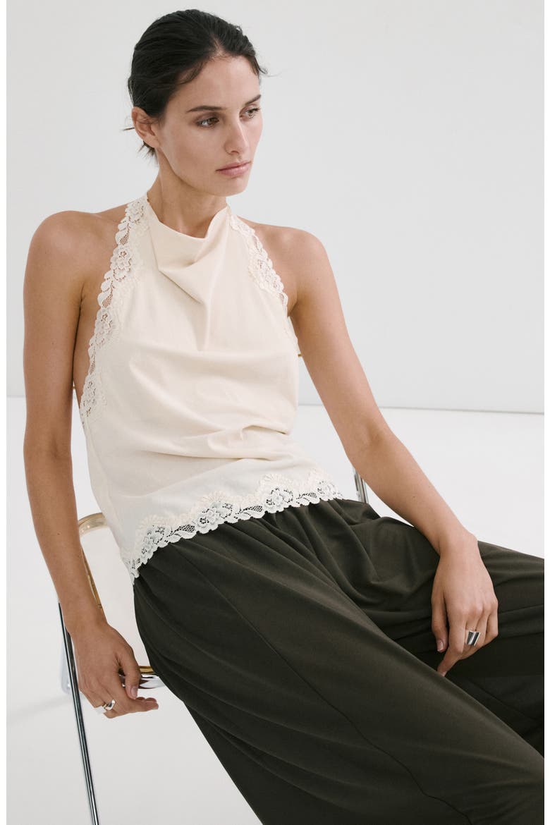 Kristen Draped Lace Detail Cotton Halter Top, Alternate, color, ECRU