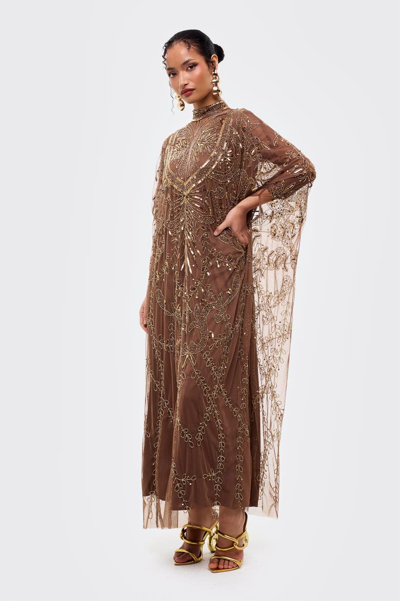Embellished Sequins Gown, Alternate, color, CHOCOLATE