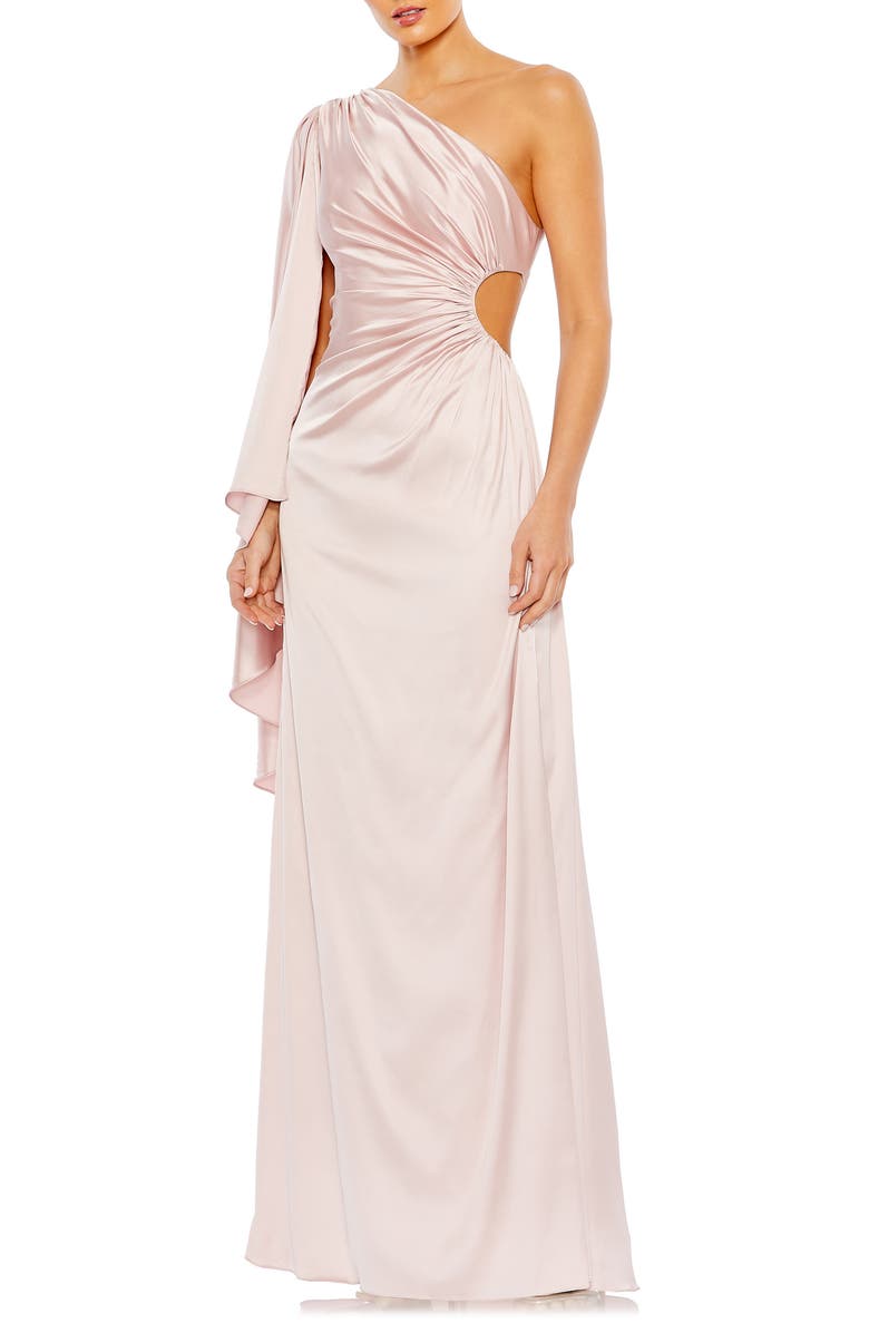 Ieena for Mac Duggal Drape Sleeve One-Shoulder Satin A-Line Gown, Main, color, 