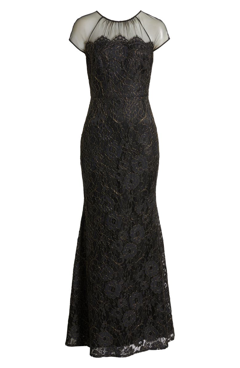 Eliza J Metallic Floral Embroidery Gown, Alternate, color, Black Gold