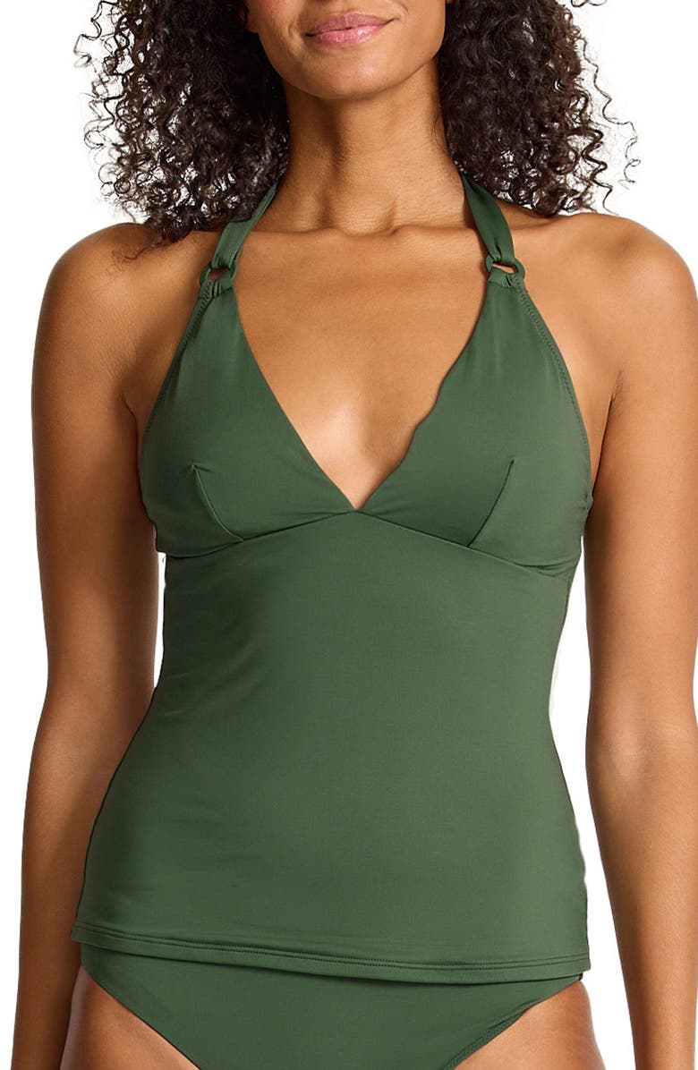 Tommy Bahama Palm Modern Halter UPF 50+ Tankini Top, Main, color, Dark Tea Leaf
