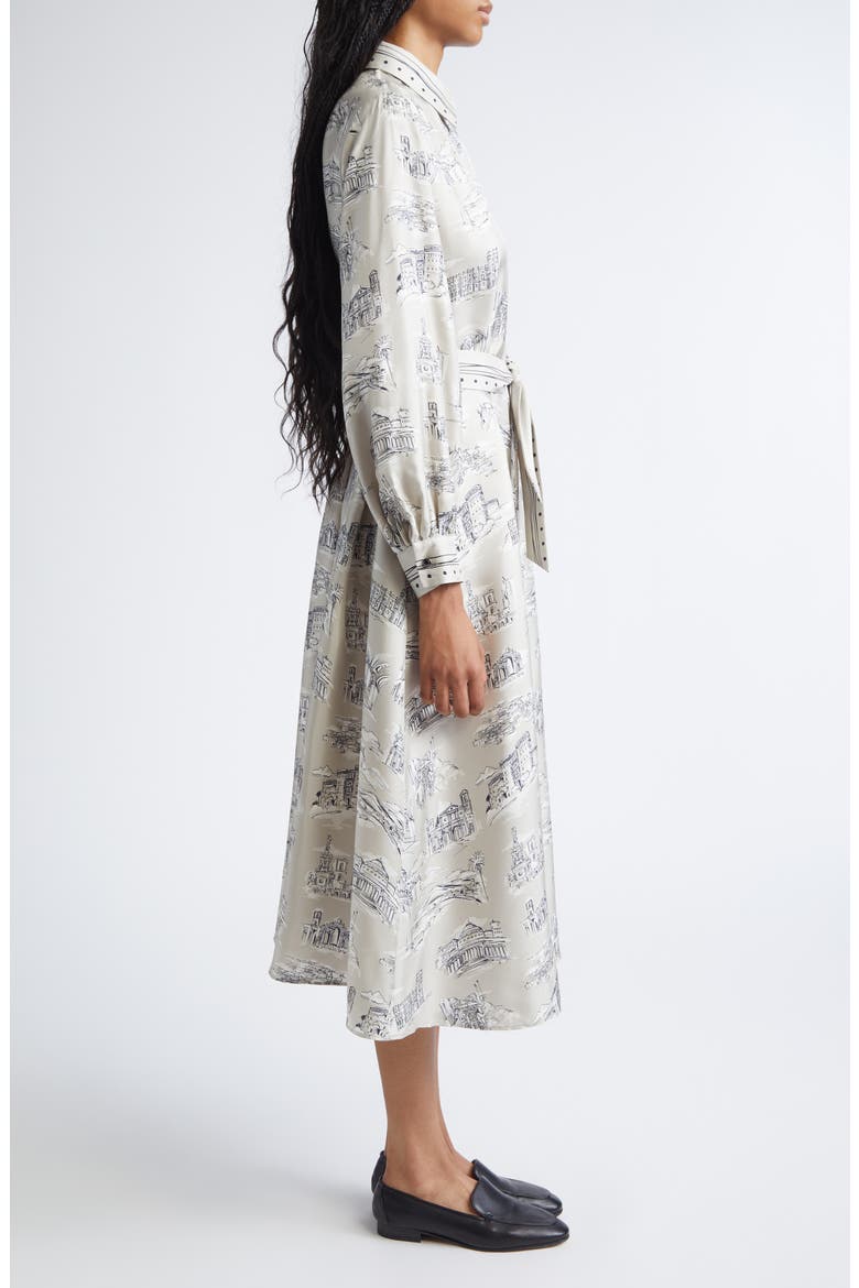 Carbone Print Long Sleeve Silk Shirtdress, Alternate, color, SAND