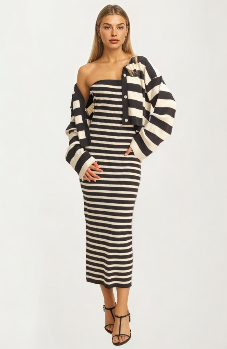 Knit and Lounge Striped Sleeveless Midi Dress and Cropped Cardigan, Alternate, color, 