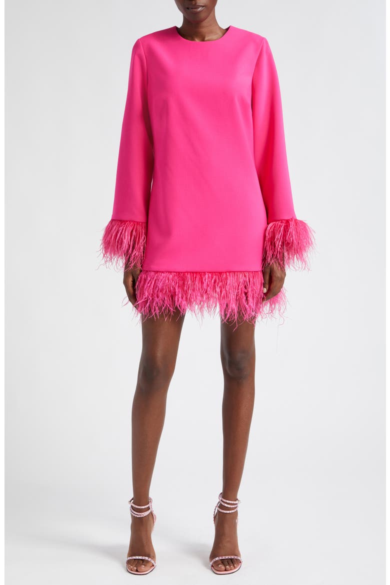 Marullo Feather Trim Long Sleeve Dress, Main, color, FUSCHIA