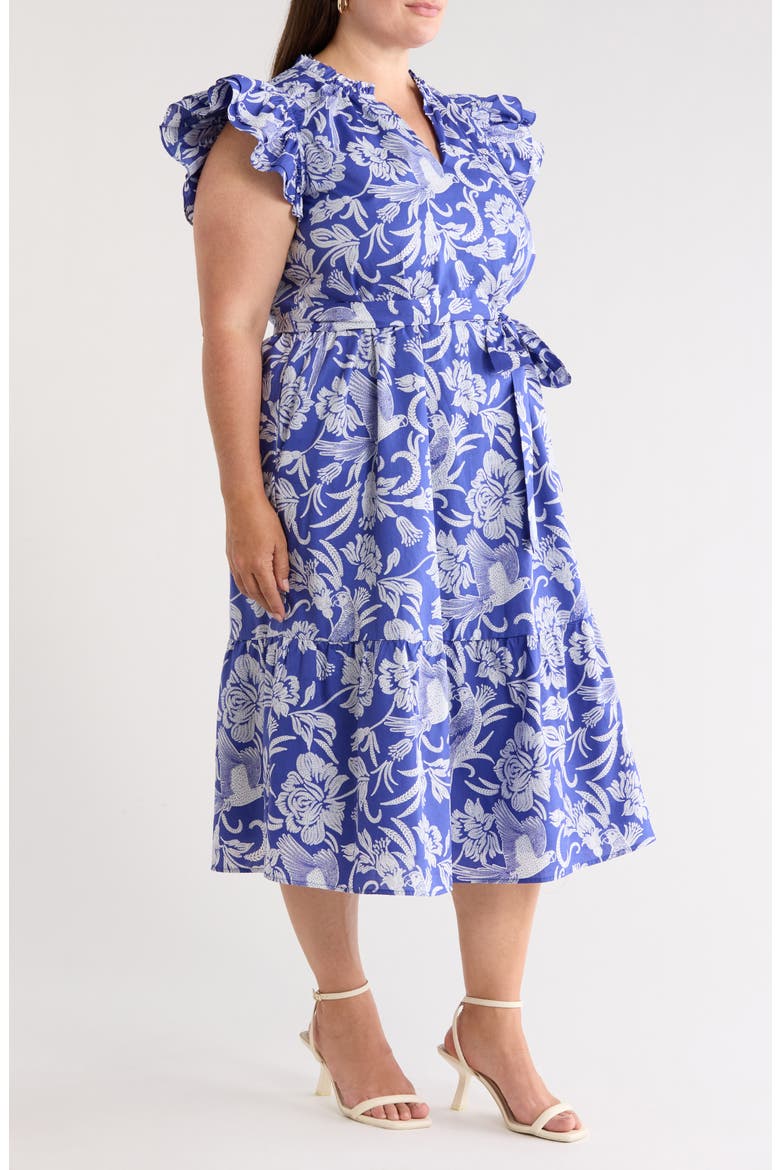 Sita Viry Floral Ruffle Sleeve Tiered Midi Dress, Alternate, color, NAVY WHITE