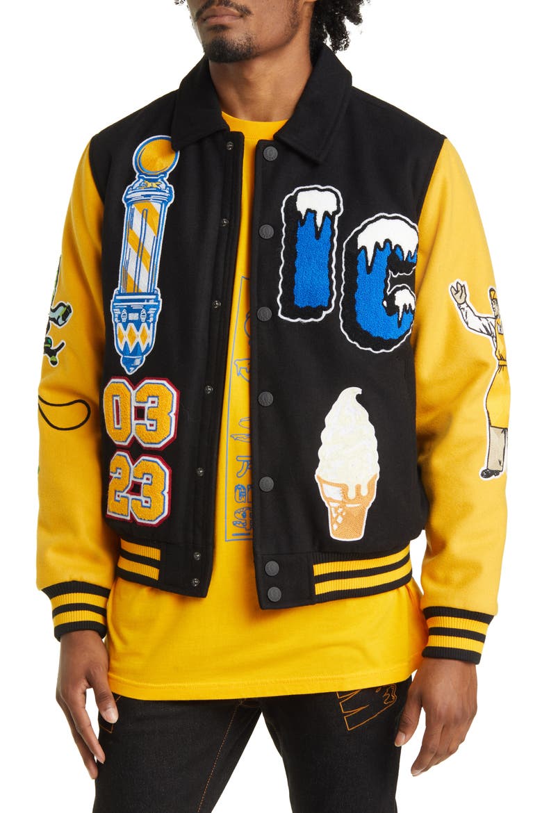 Dollar Sign Varsity Jacket, Main, color, BLACK