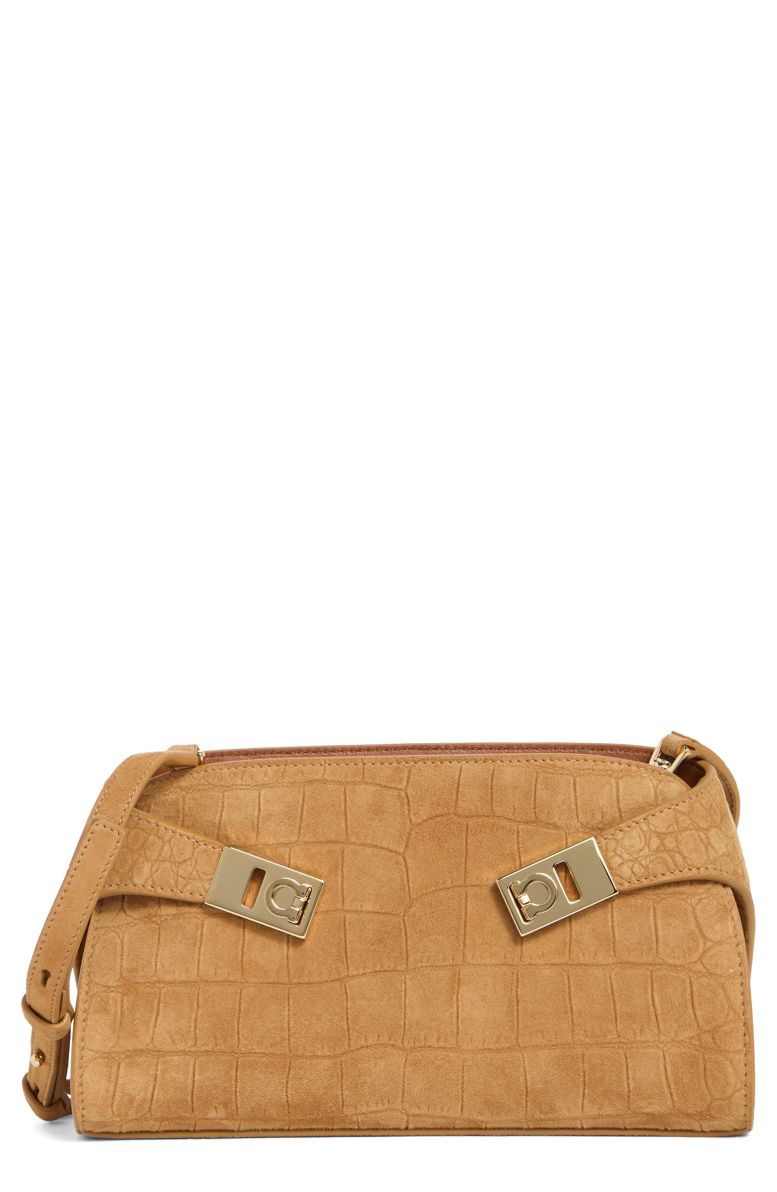 FERRAGAMO Hug Croc Embossed Suede East/West Shoulder Bag, Main, color, Naturale