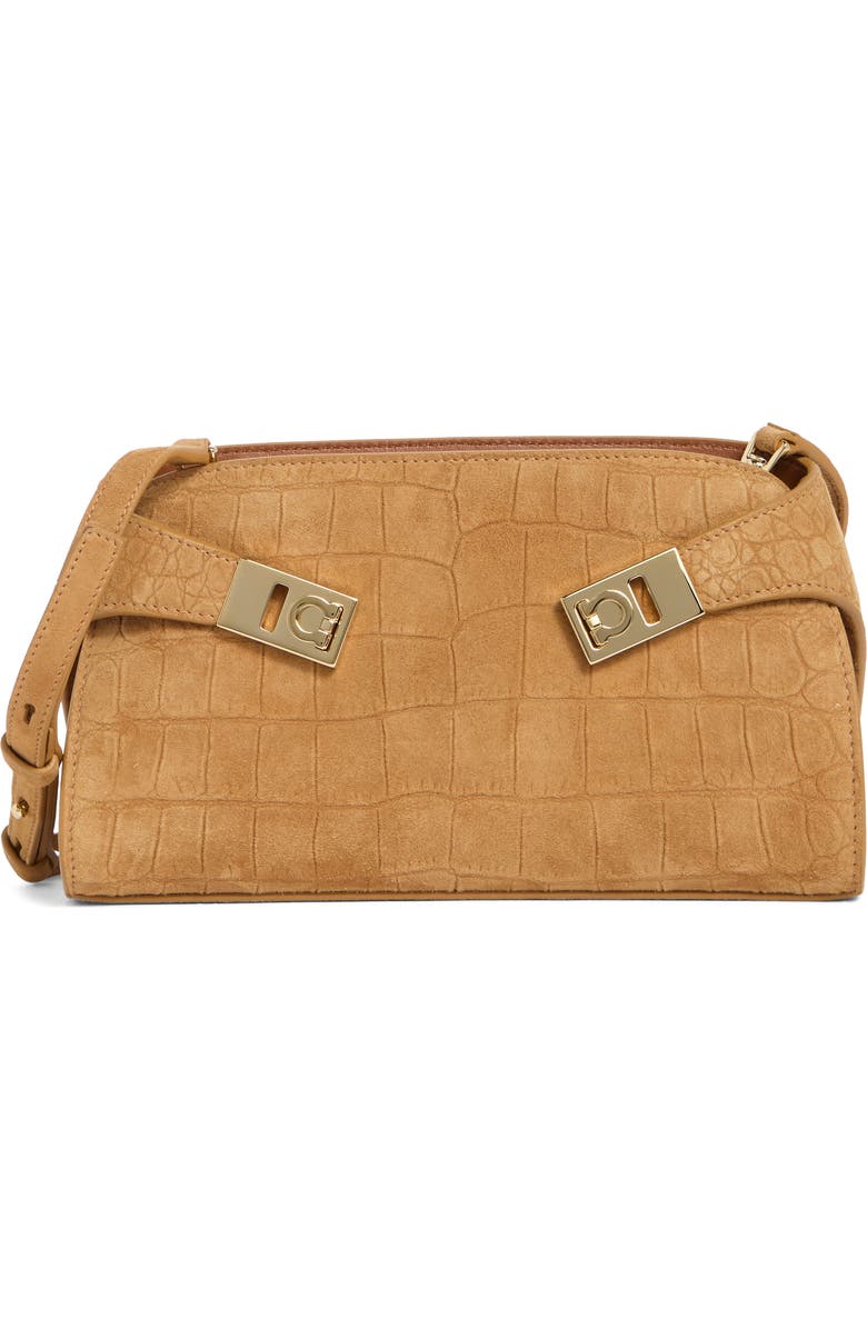 FERRAGAMO Hug Croc Embossed Suede East/West Shoulder Bag, Main, color, Naturale