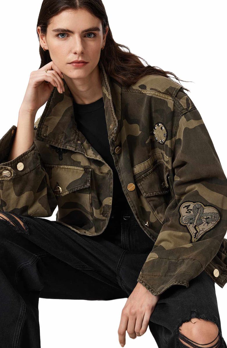 AllSaints Patch Detail Camo Print Cotton Jacket, Alternate, color, Camo Green