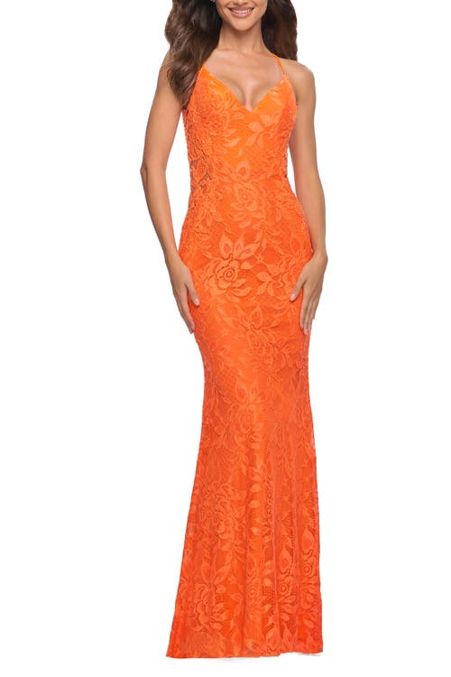 La Femme Open-back Stretch Lace Bustier Gown In Orange