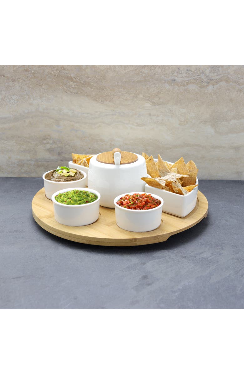 Elama 8 Piece Appetizer Serving Set with 4 Serving Dishes, Center Condiment Server, Spoon, and Wood Serving Tray, Alternate, color, White