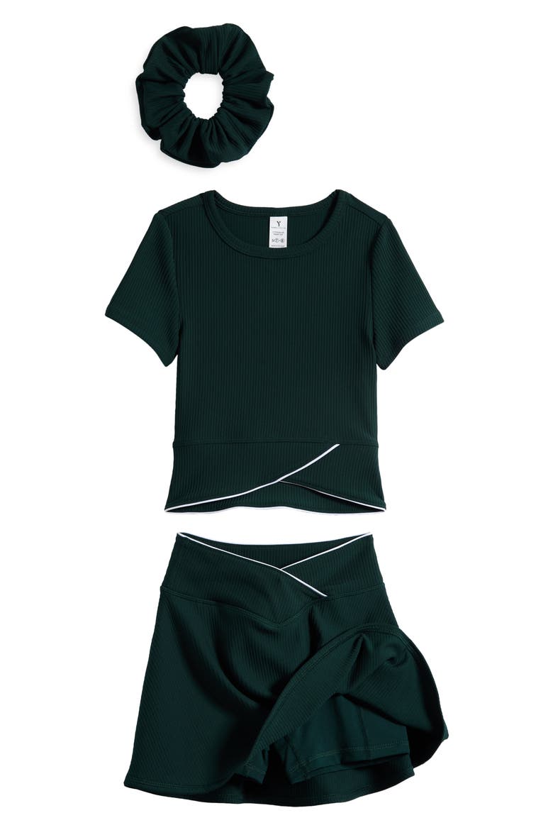 Kids' Ottoman Rib Top, Skirt & Scrunchie Set, Alternate, color, FOREST NIGHT/ WHITE