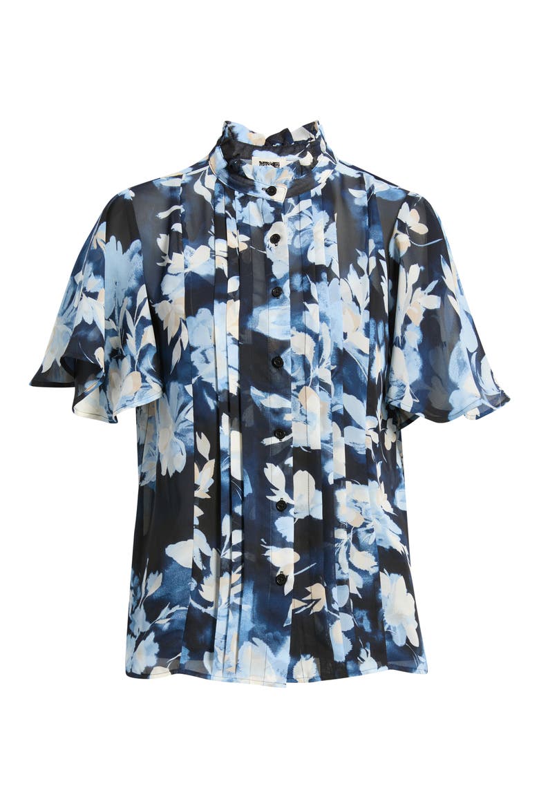 Pleated Floral Stand Collar Top, Alternate, color, DUTCH BLUE MULTI