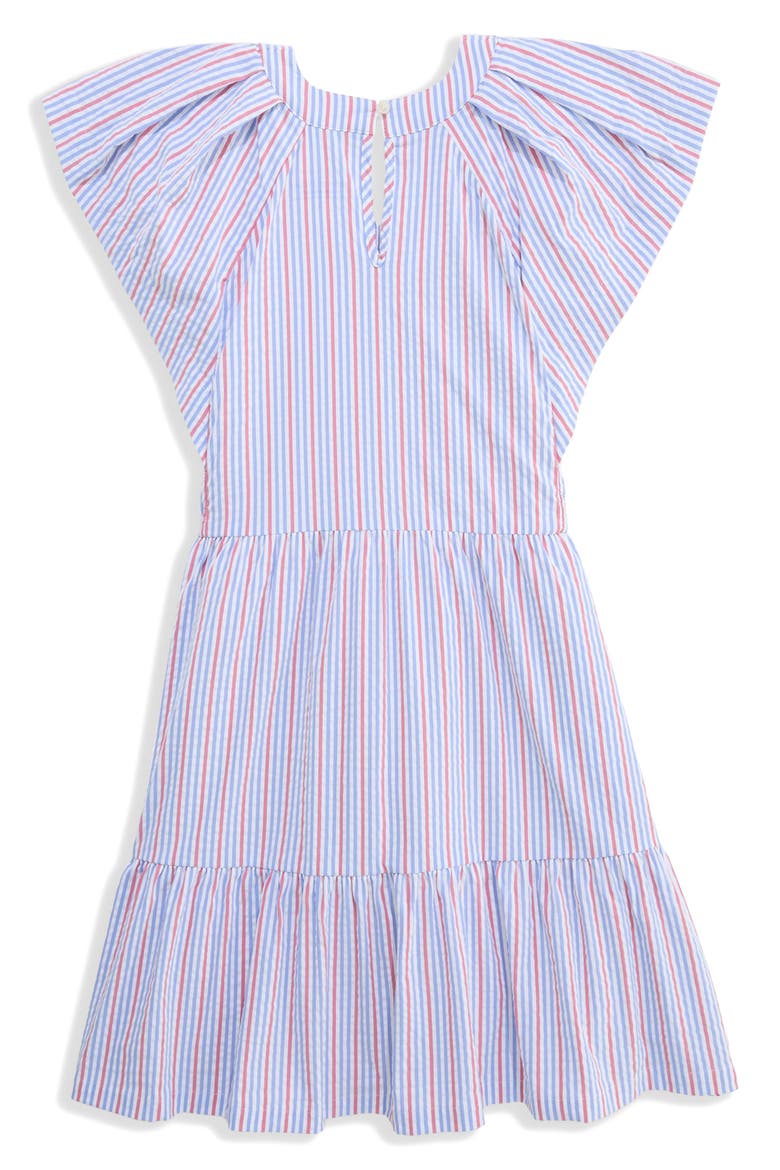 Kids' Sophie Harbor Flutter Sleeve Seersucker UPF 30+ Sundress, Main, color, BLUE RED STRIPE