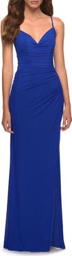 La Femme Chic Long Net Jersey Dress with Lace Up Back