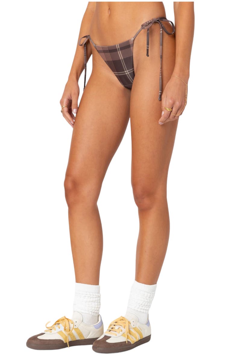 EDIKTED Wilhelmina Plaid Side Tie Bikini Bottoms, Alternate, color, Brown