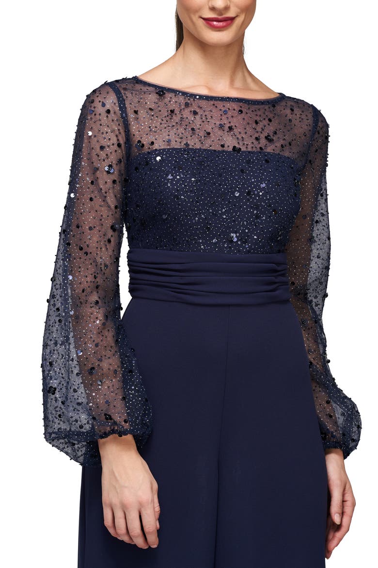 Raelynn Embellished Long Sleeve Wide Leg Jumpsuit, Alternate, color, DEEP NAVY