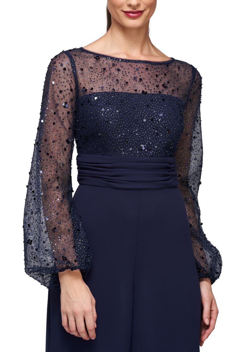 JS Collections Raelynn Embellished Long Sleeve Wide Leg Jumpsuit, Alternate, color, Deep Navy