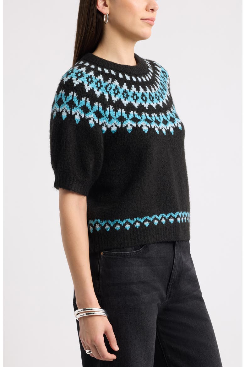 Fair Isle Short Sleeve Sweater, Alternate, color, BLACK- TEAL FAIRISLE