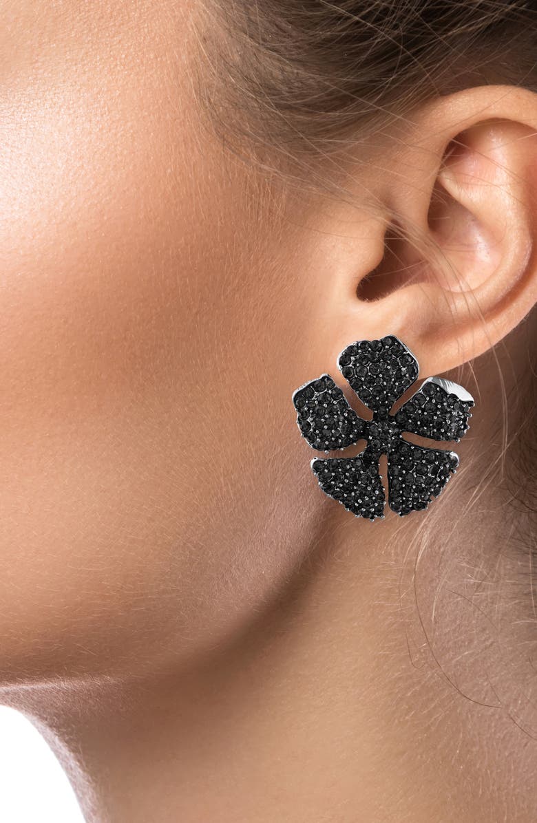 JARDIN Hibiscus Floral Pavé Crystal Stud Earrings, Alternate, color, Black/ Silver