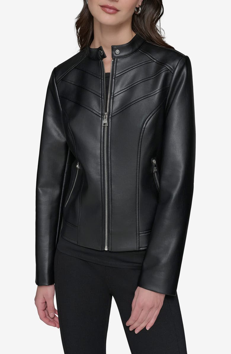 KARL LAGERFELD PARIS Water Resistant Chevron Detail Faux Leather Jacket, Main, color, 