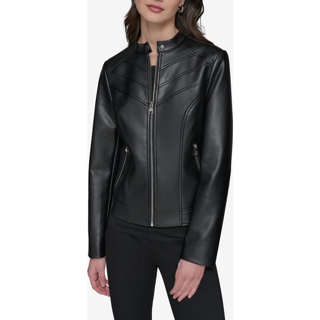 Shop Karl Lagerfeld Paris Water Resistant Chevron Detail Faux Leather Jacket In Black