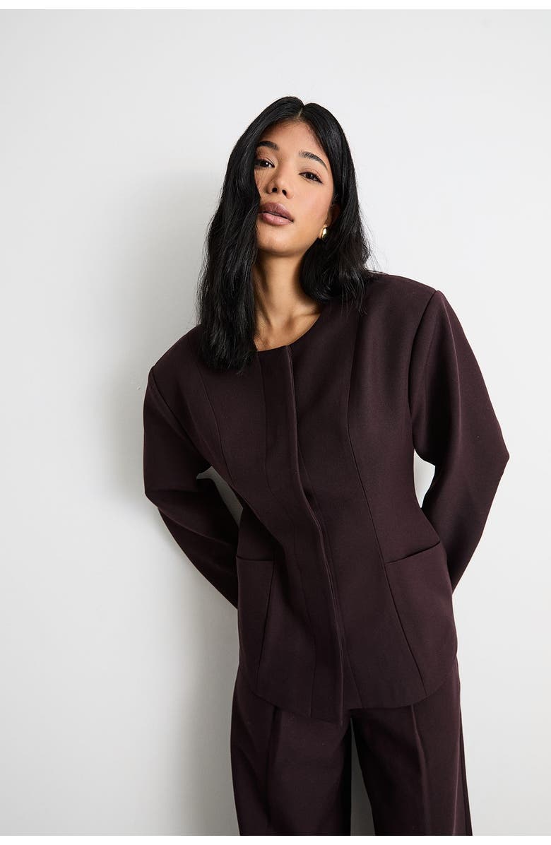 Warehouse Premium Tailored Moulded Waist Blazer, Main, color, Chocolate